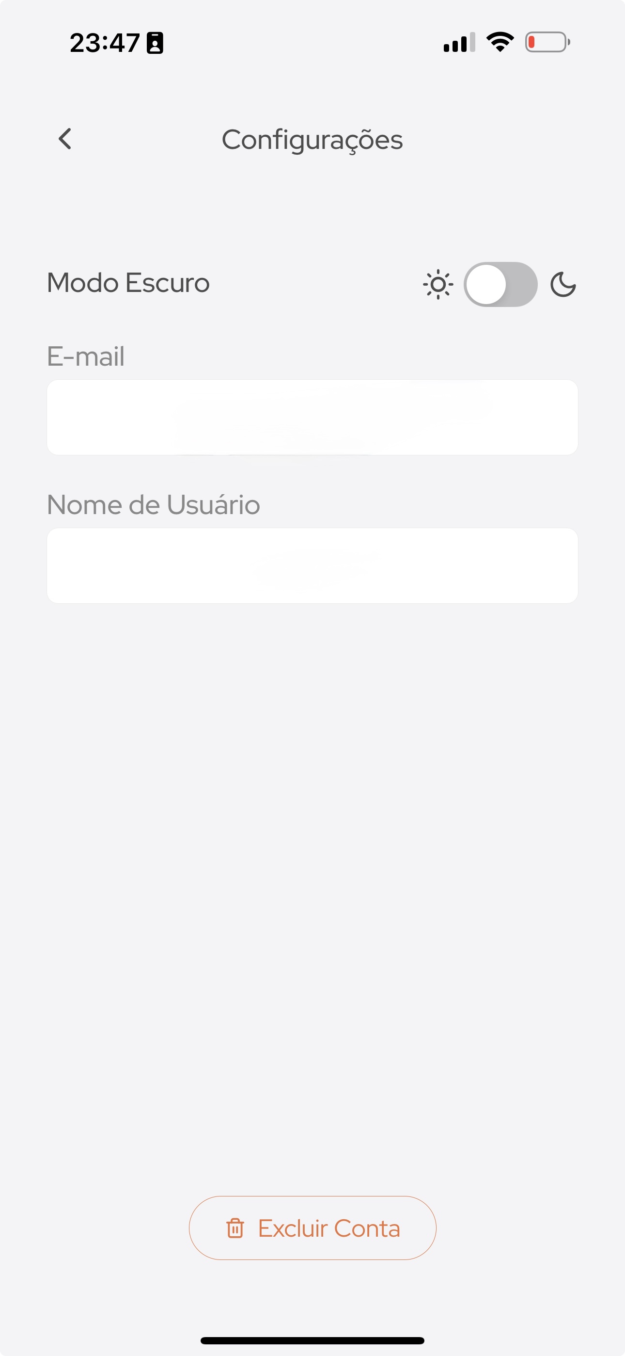 Página Minha conta com o card Excluir conta no final