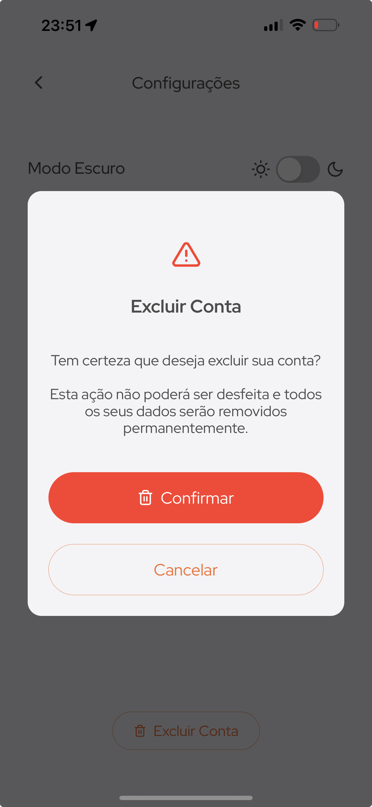 Modal de confirmação com o texto EXCLUIR digitado